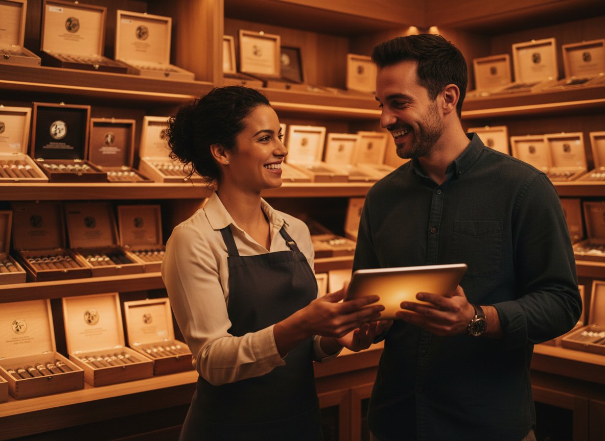 A lounge employee handing the tablet to a smiling customer in the humidor