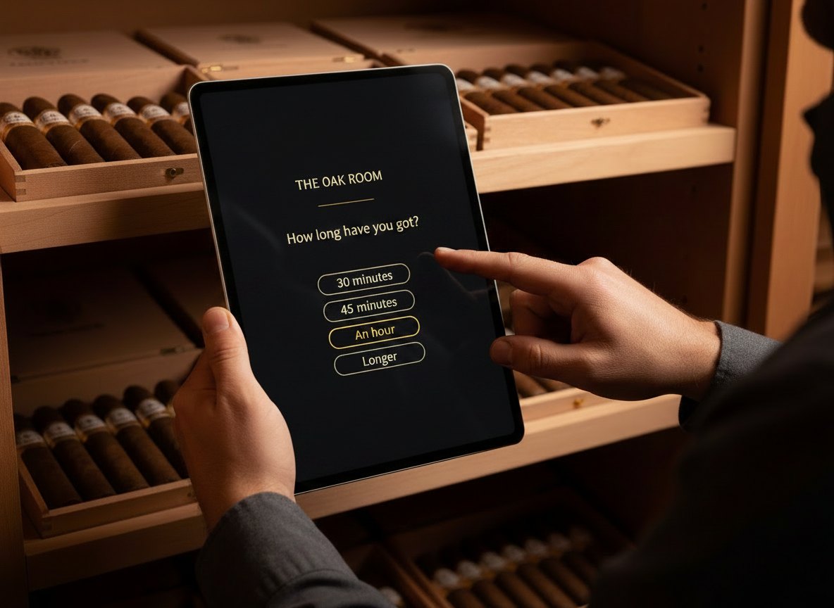 A customer tapping through the questions on a tablet in the humidor