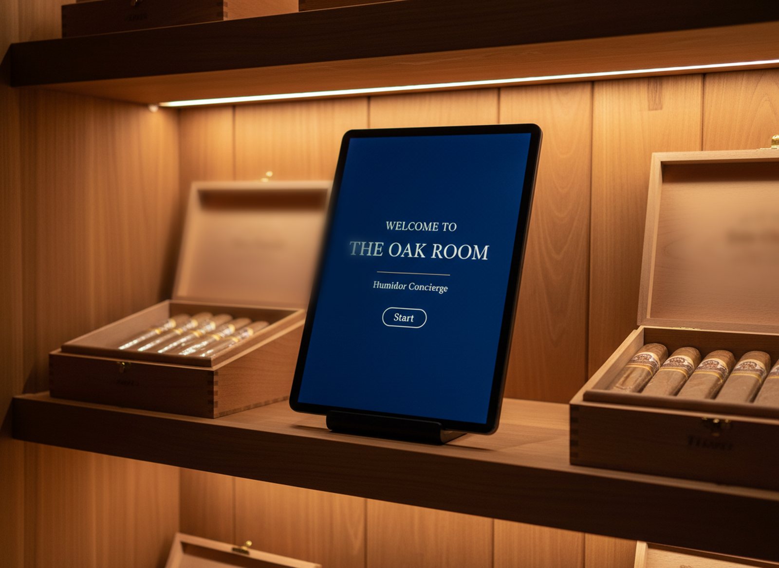 A tablet running Humidor Concierge standing on a shelf inside a cigar humidor